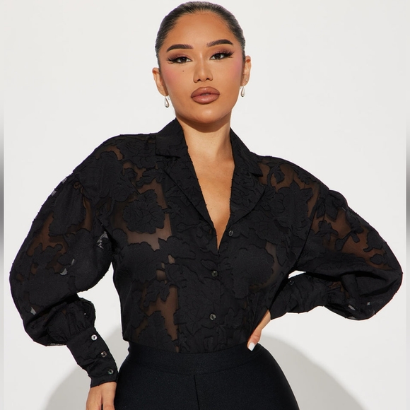 Fashion Nova Tops - Fashion Nova Smell The Roses Jacquard Shirt - Black